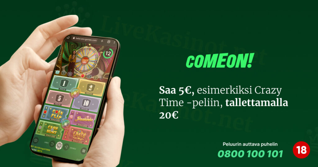 Saa 5€, esimerkiksi Crazy Time -peliin, tallettamalla 20€